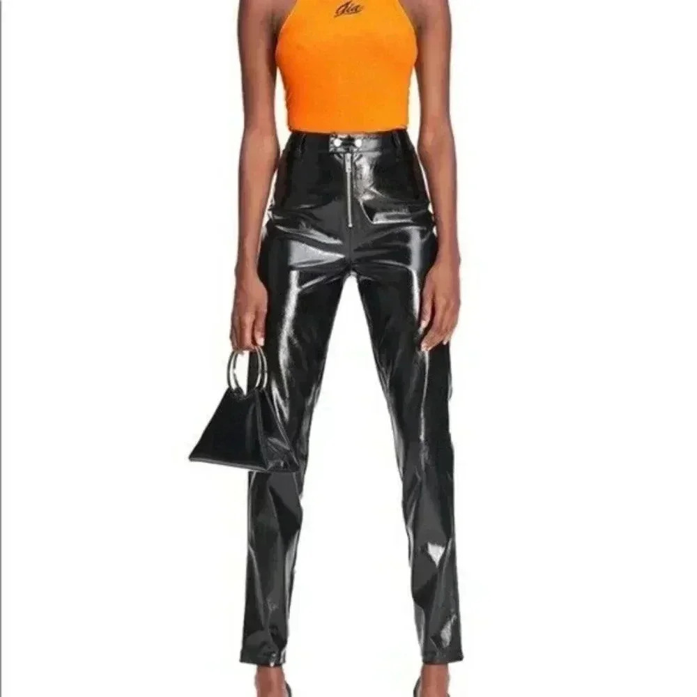 I.AM.GIA Black High-Shine Straight Leg Vinyl Pants with Orange Tank